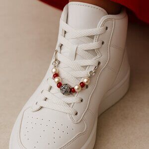 Red White Beaded Shoe Charm with Silver Rose Accent